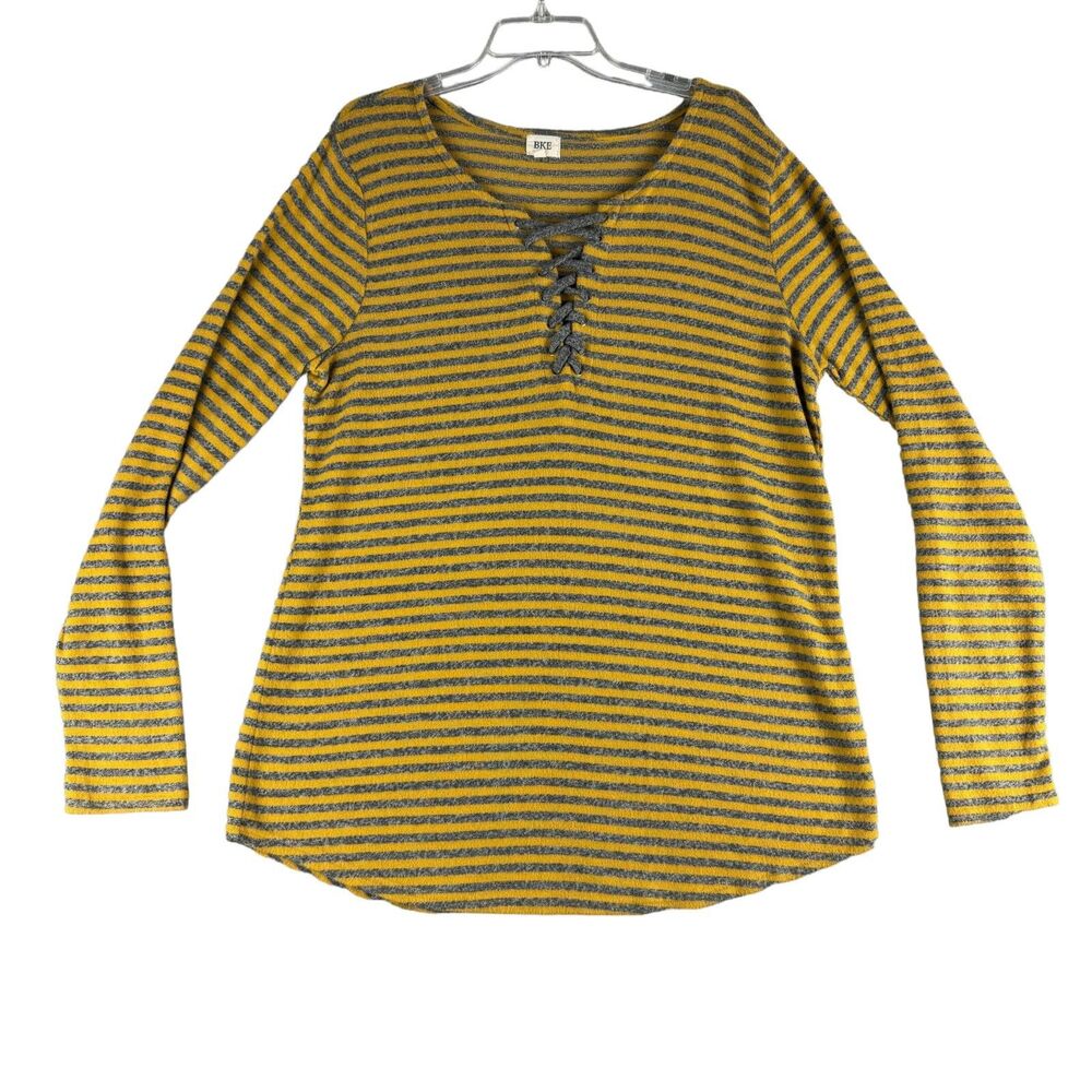 BKE Buckle Top Women's Extra Large Yellow Striped Lace Up Long Sleeve Stretch